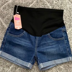 Women's Maternity Blue Jean Shorts with Black Waistband